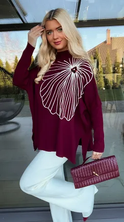 Sweter tunika z kontrastowym kwiatem ONE SIZE bordowy - R331A