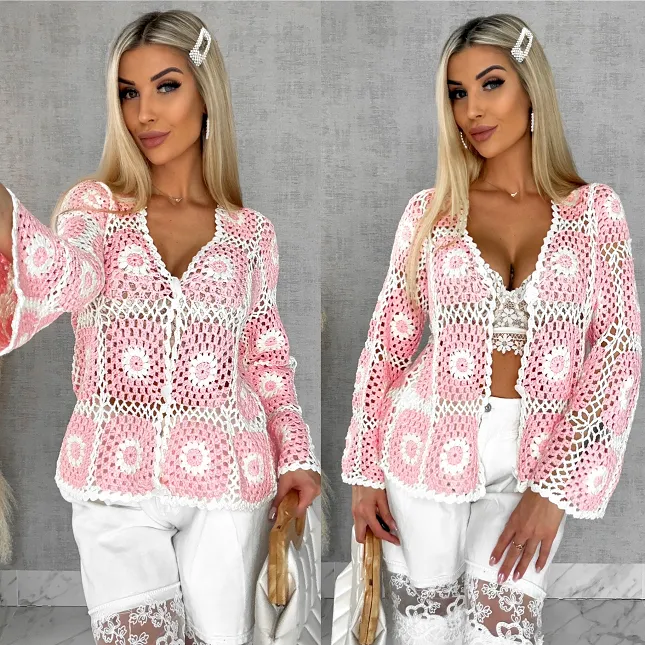 Ażurowy sweter szydełkowy na guziki ONE SIZE pink - R456