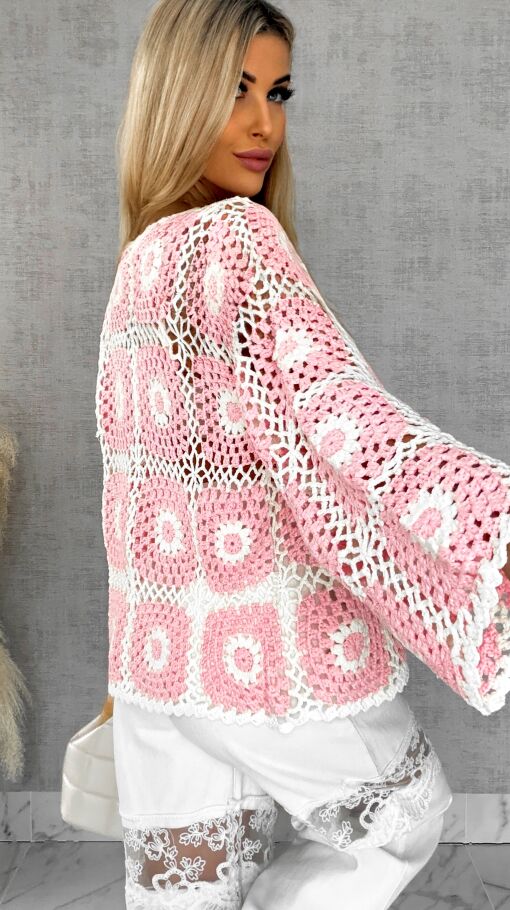 Ażurowy sweter szydełkowy na guziki ONE SIZE pink - R456