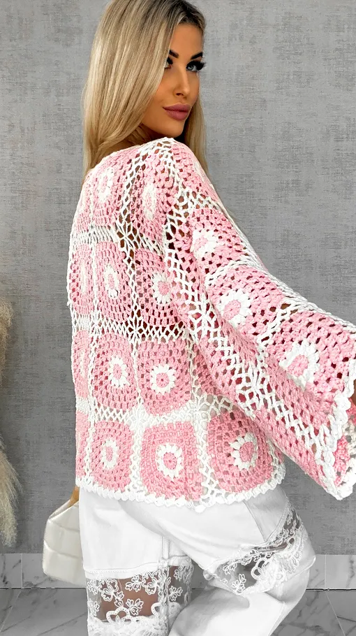 Ażurowy sweter szydełkowy na guziki ONE SIZE pink - R456