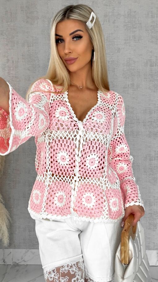 Ażurowy sweter szydełkowy na guziki ONE SIZE pink - R456