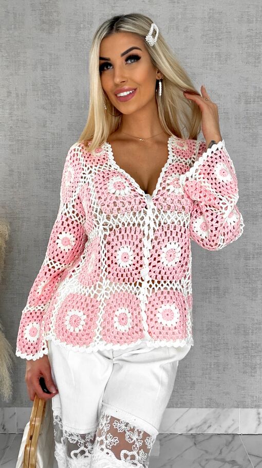 Ażurowy sweter szydełkowy na guziki ONE SIZE pink - R456
