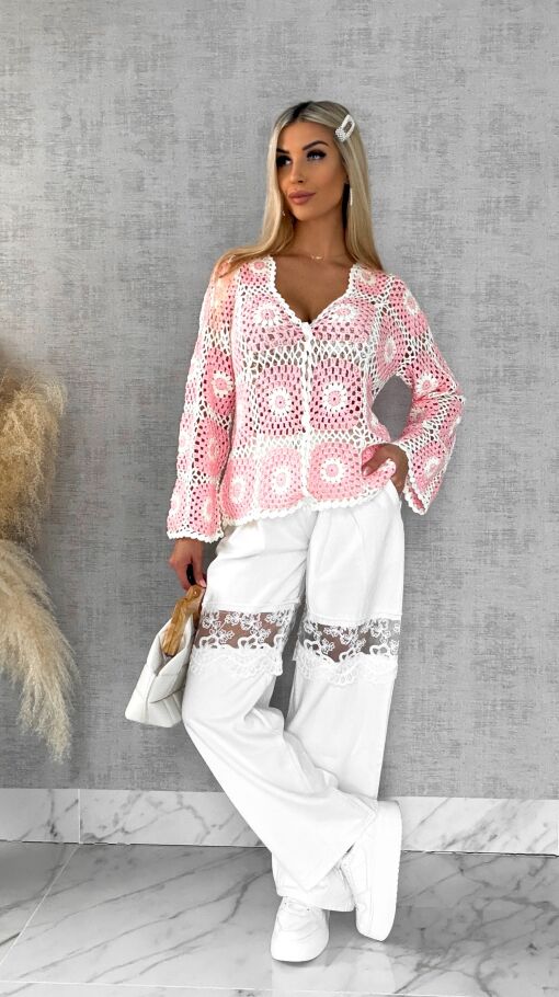 Ażurowy sweter szydełkowy na guziki ONE SIZE pink - R456