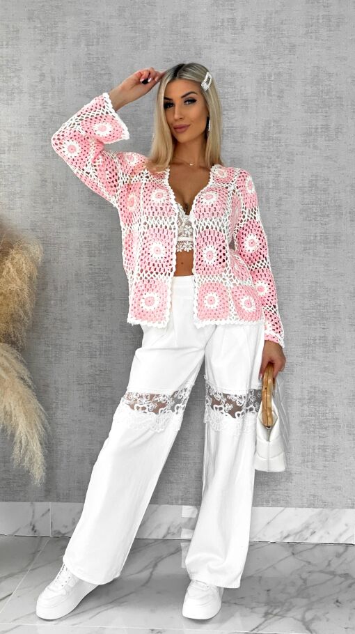 Ażurowy sweter szydełkowy na guziki ONE SIZE pink - R456