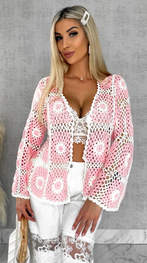 Ażurowy sweter szydełkowy na guziki ONE SIZE pink - R456