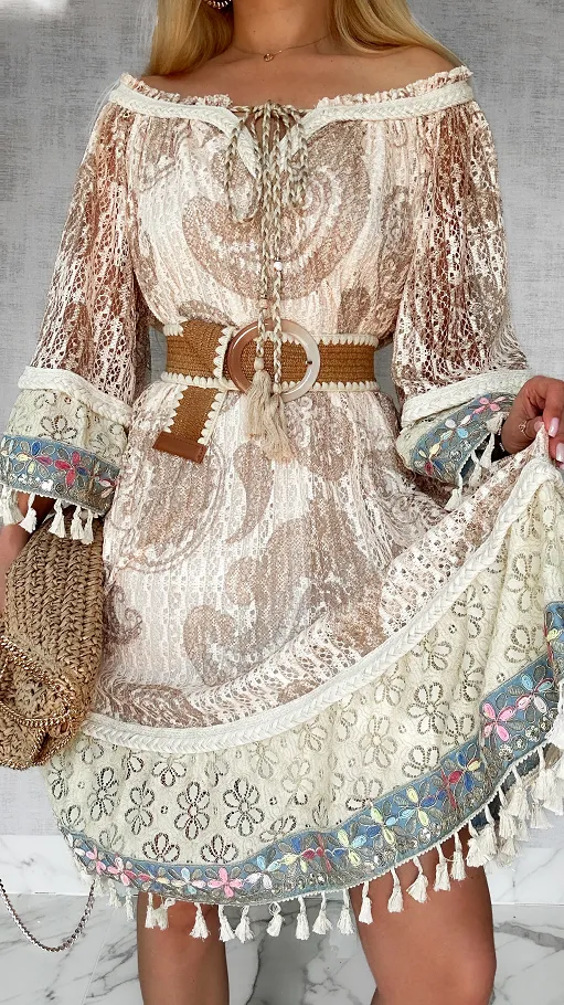 Stylowa BOHO sukienka w beżowe wzory ONE SIZE - P691