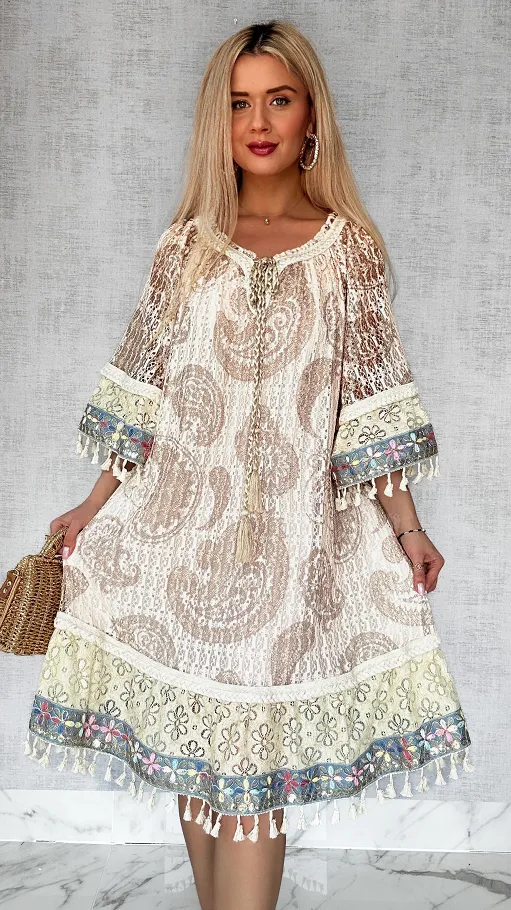 Stylowa BOHO sukienka w beżowe wzory ONE SIZE - P691