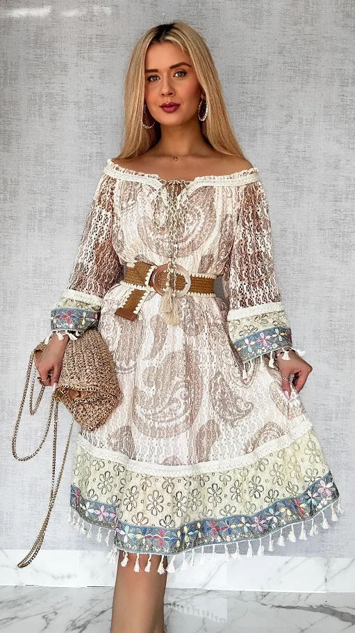 Stylowa BOHO sukienka w beżowe wzory ONE SIZE - P691