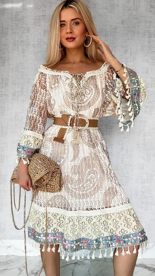 Stylowa BOHO sukienka w beżowe wzory ONE SIZE - P691