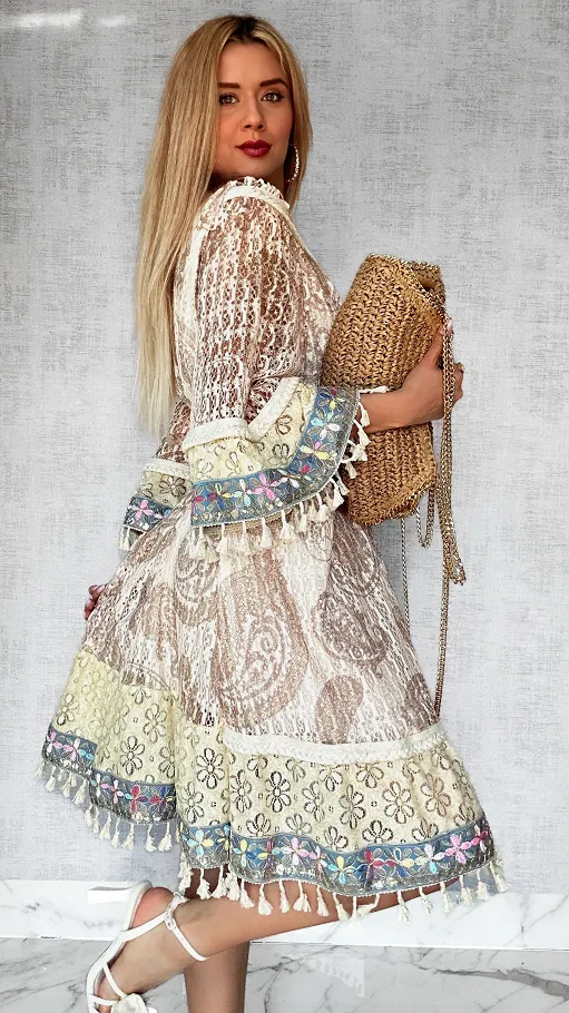 Stylowa BOHO sukienka w beżowe wzory ONE SIZE - P691