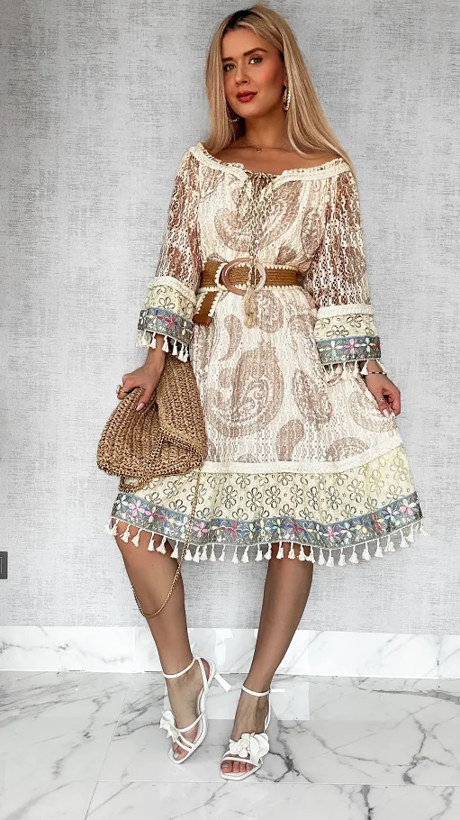 Stylowa BOHO sukienka w beżowe wzory ONE SIZE - P691