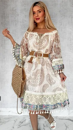 Stylowa BOHO sukienka w beżowe wzory ONE SIZE - P691