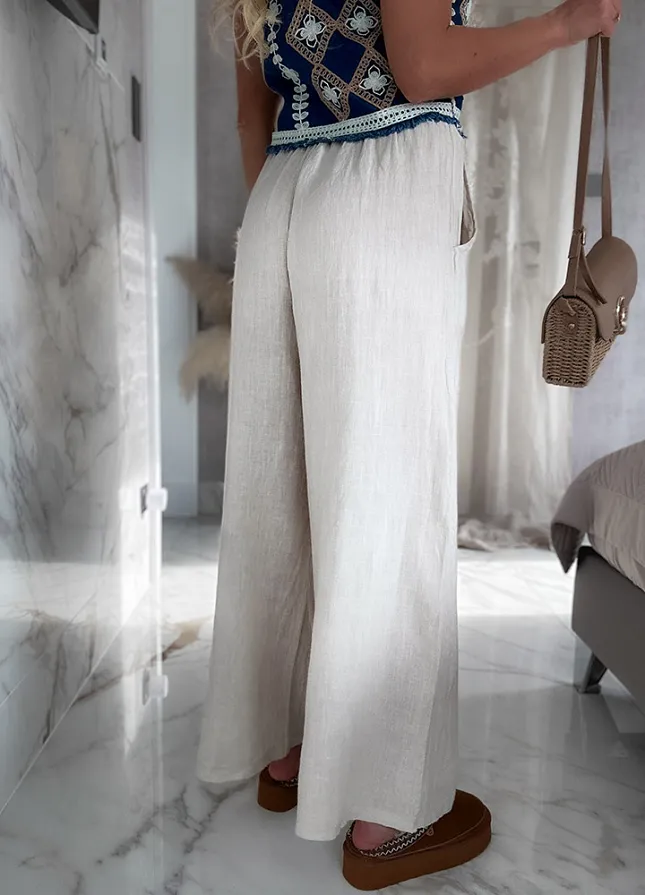 LNIANE spodnie z kieszeniami na lato JASNY BEŻ - M954