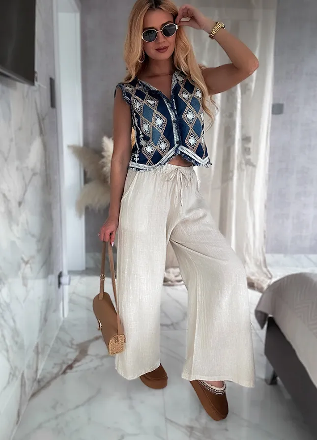 LNIANE spodnie z kieszeniami na lato JASNY BEŻ - M954