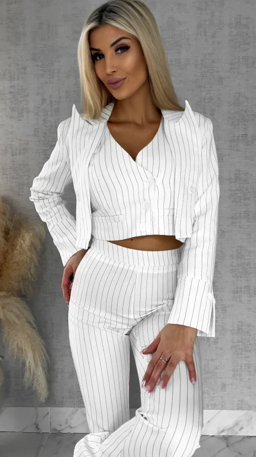 Elegancki biały komplet w paski 3w1 żakiet + kamizelka + spodnie - R490A