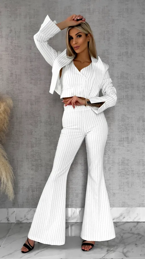 Elegancki biały komplet w paski 3w1 żakiet + kamizelka + spodnie - R490A
