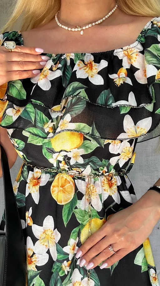 Lniana asymetryczna CZARNA sukienka hiszpanka w cytryny - P731A