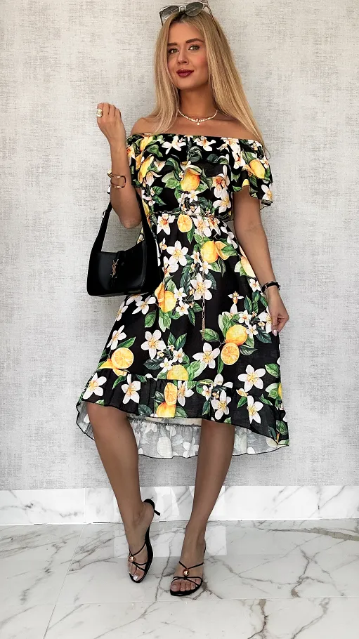 Lniana asymetryczna CZARNA sukienka hiszpanka w cytryny - P731A