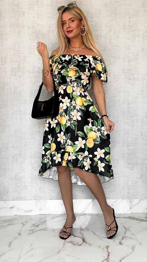 Lniana asymetryczna CZARNA sukienka hiszpanka w cytryny - P731A