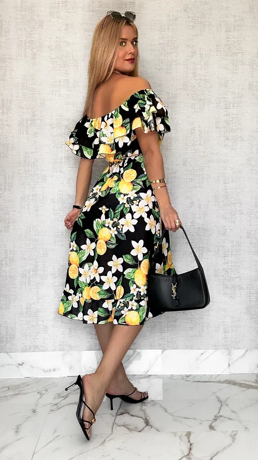 Lniana asymetryczna CZARNA sukienka hiszpanka w cytryny - P731A