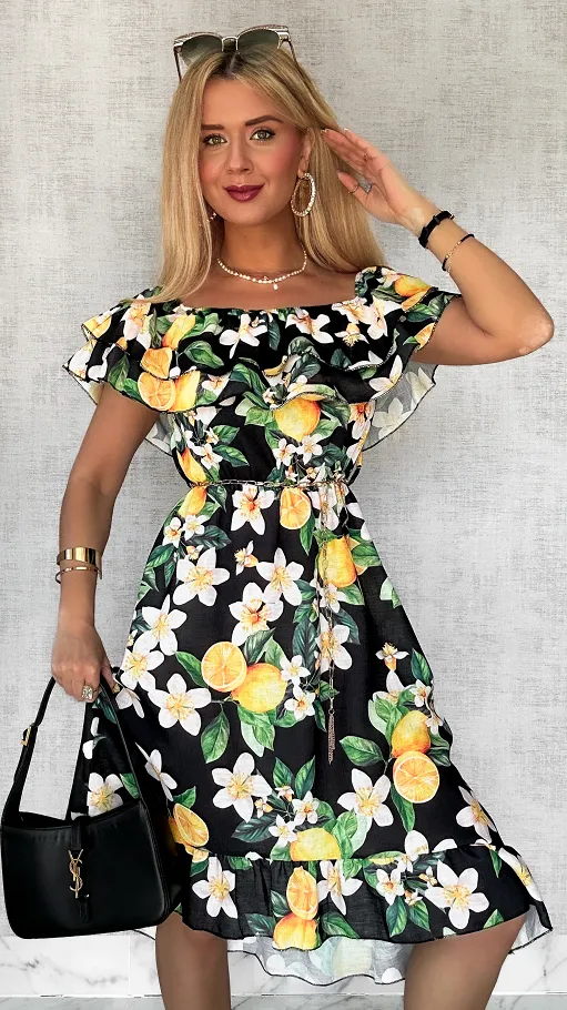 Lniana asymetryczna CZARNA sukienka hiszpanka w cytryny - P731A