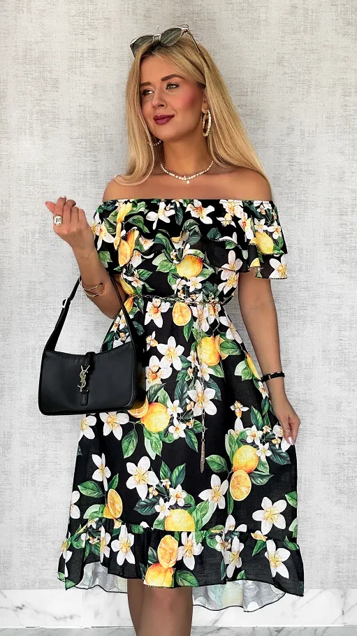 Lniana asymetryczna CZARNA sukienka hiszpanka w cytryny - P731A