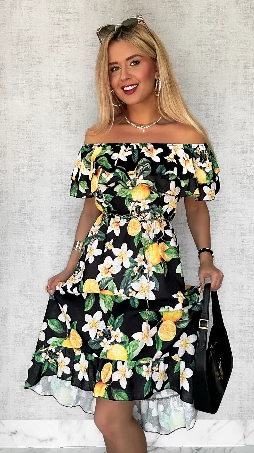 Lniana asymetryczna CZARNA sukienka hiszpanka w cytryny - P731A