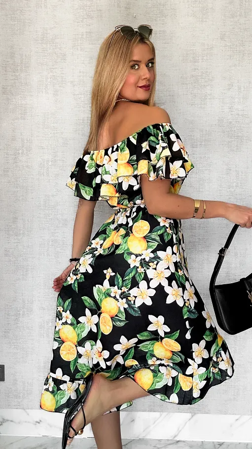 Lniana asymetryczna CZARNA sukienka hiszpanka w cytryny - P731A