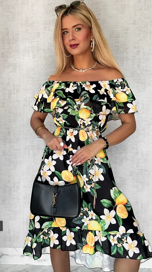 Lniana asymetryczna CZARNA sukienka hiszpanka w cytryny - P731A