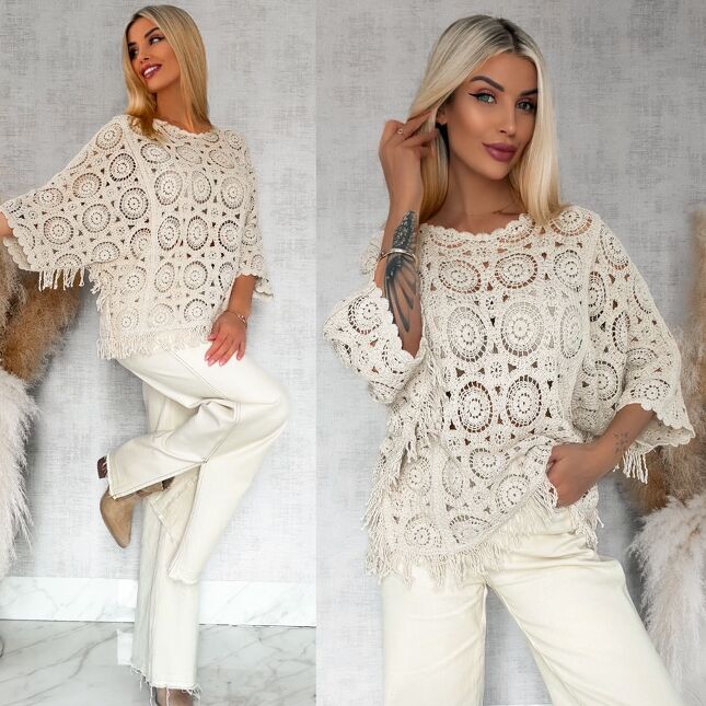 Szydełkowy sweter nietoperz w ażurowym stylu ONE SIZE ecru - R916