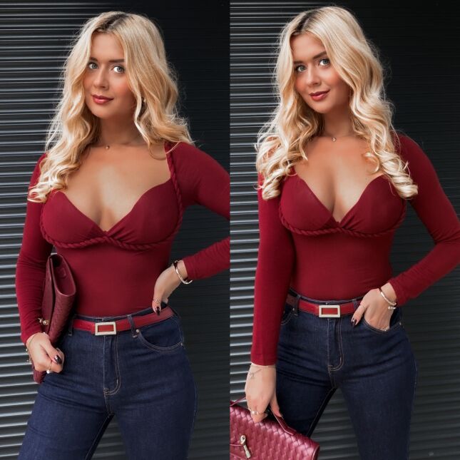 Bordowa bluzka z usztywnianymi miseczkami i sznurkiem one size - R275B