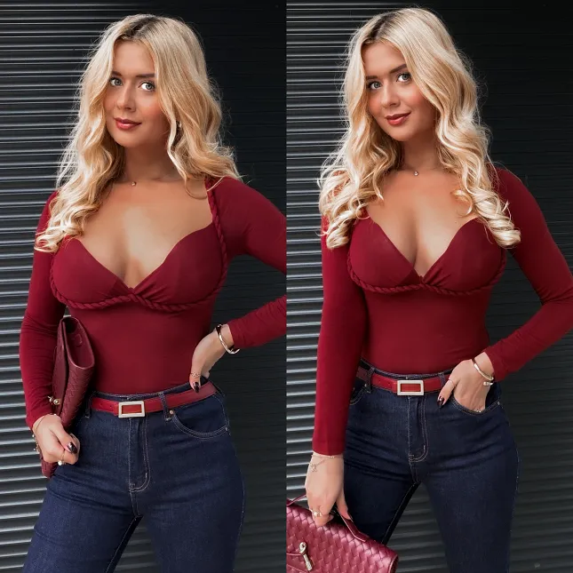 Bordowa bluzka z usztywnianymi miseczkami i sznurkiem one size - R275B