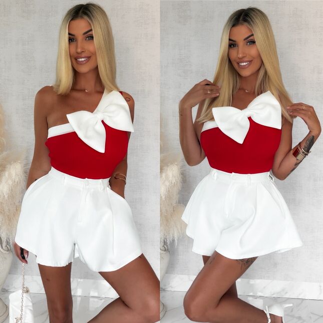 Elegancka czerwona bluzka na jedno ramię z kokardą ONE SIZE - S140
