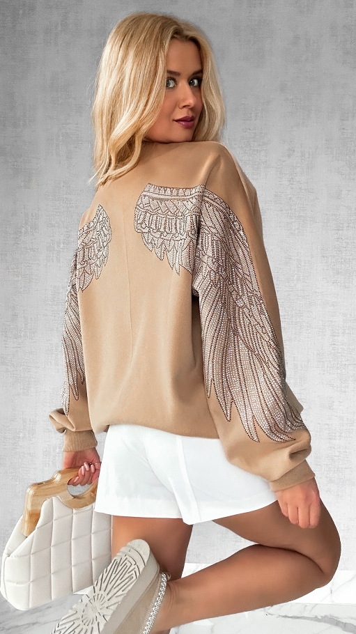 Bawełniana luźna bluza WINGS w kolorze beżowym - P166A