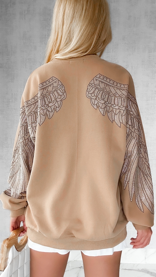 Bawełniana luźna bluza WINGS w kolorze beżowym - P166A