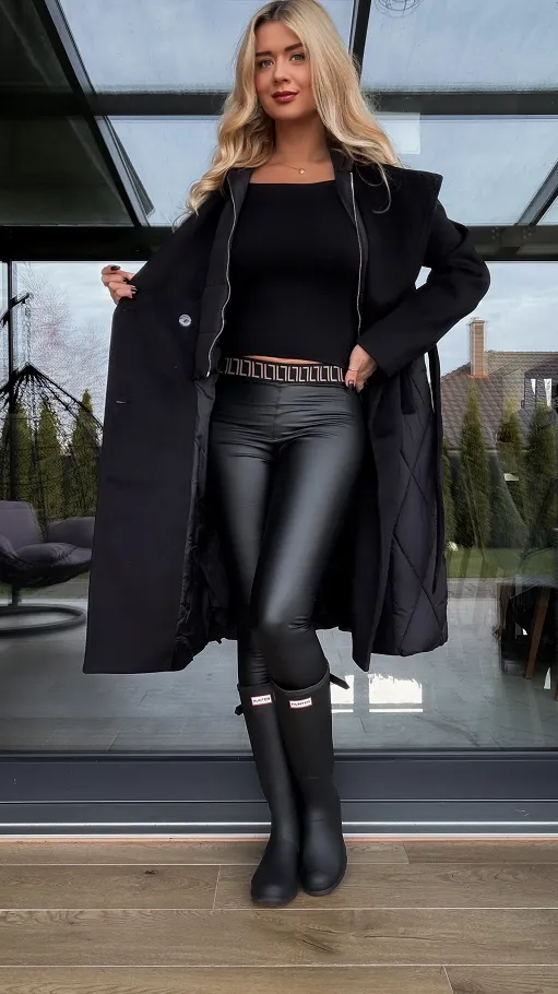 Czarne matowe spodnie legginsy z gumowym ozdobnym pasem - R256A