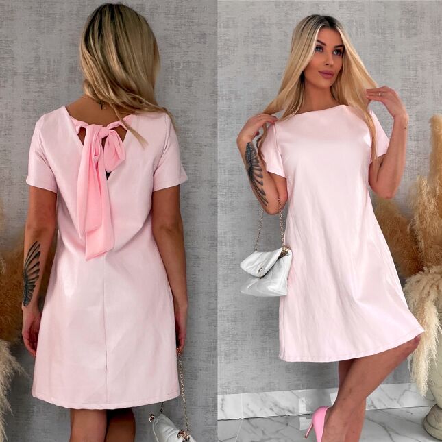 Pastelowa sukienka z eko skóry z wiązaniem ONE SIZE różowa - R544A