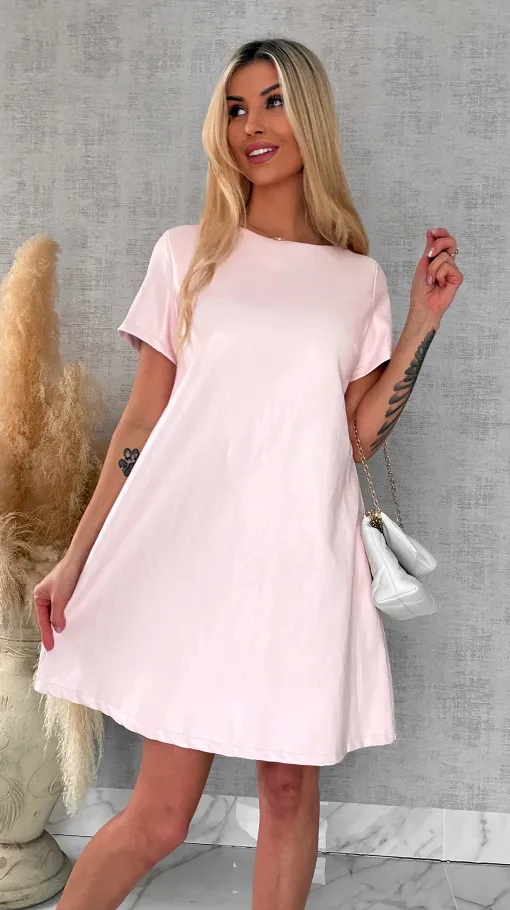 Pastelowa sukienka z eko skóry z wiązaniem ONE SIZE różowa - R544A