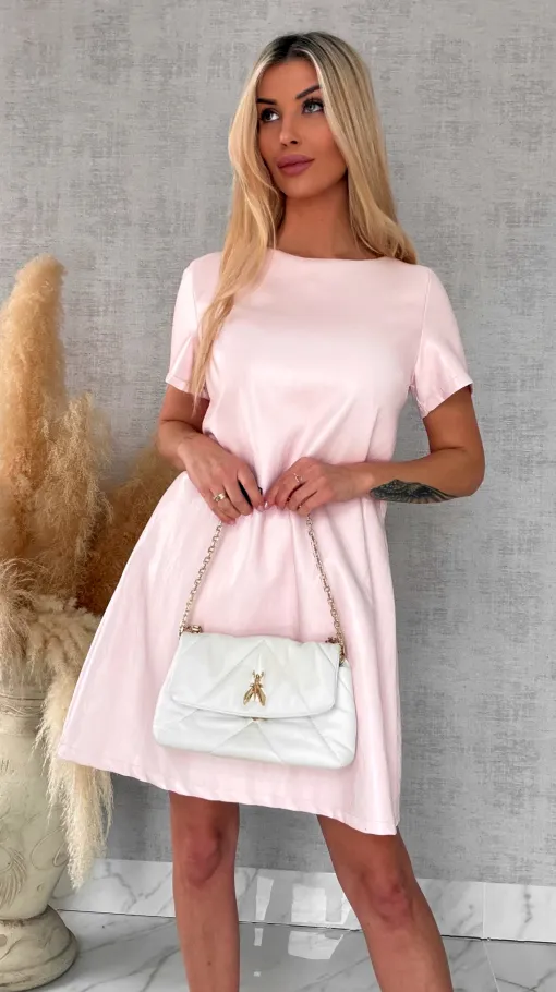 Pastelowa sukienka z eko skóry z wiązaniem ONE SIZE różowa - R544A