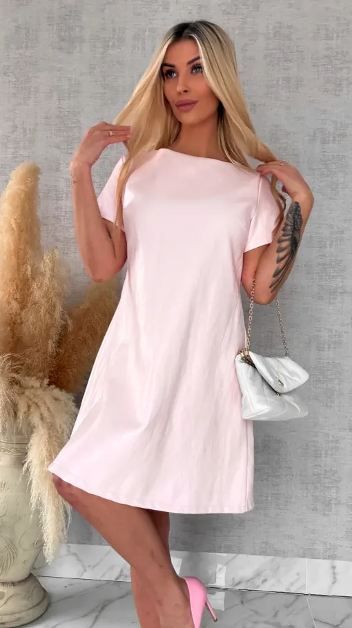 Pastelowa sukienka z eko skóry z wiązaniem ONE SIZE różowa - R544A