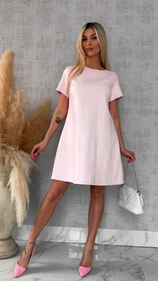 Pastelowa sukienka z eko skóry z wiązaniem ONE SIZE różowa - R544A