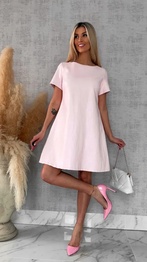 Pastelowa sukienka z eko skóry z wiązaniem ONE SIZE różowa - R544A