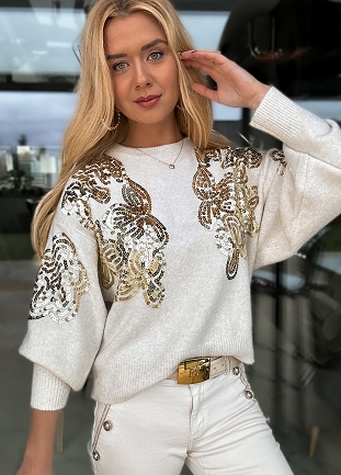 Stylowy sweter cudnie zdobiony złotymi cekinami JASNO BEŻOWY - M476