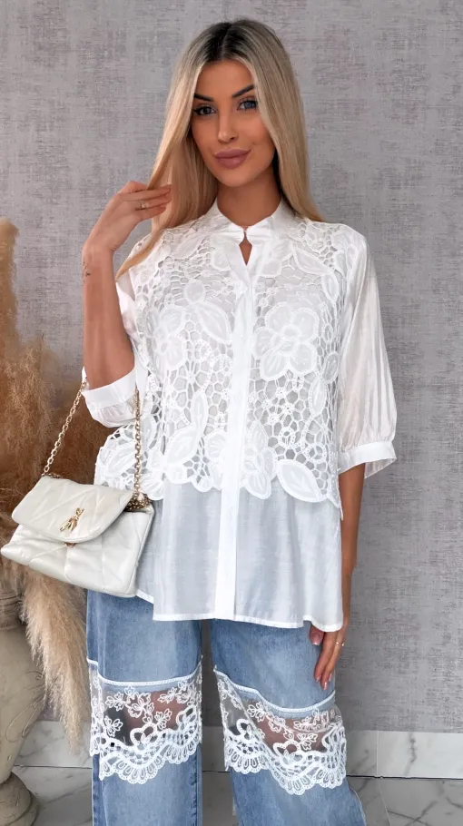 Elegancka biała bluzka koszulowa z gipiurą ONE SIZE - R677