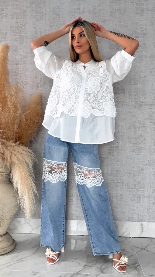 Elegancka biała bluzka koszulowa z gipiurą ONE SIZE - R677