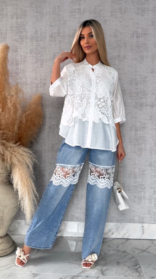 Elegancka biała bluzka koszulowa z gipiurą ONE SIZE - R677