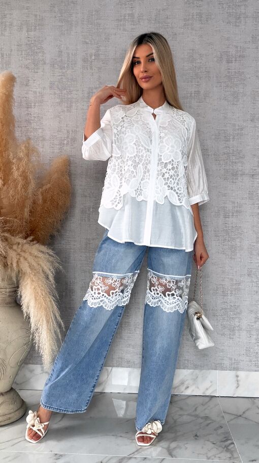 Elegancka biała bluzka koszulowa z gipiurą ONE SIZE - R677