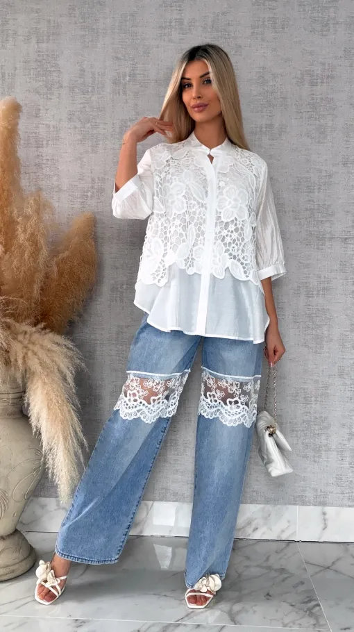 Elegancka biała bluzka koszulowa z gipiurą ONE SIZE - R677