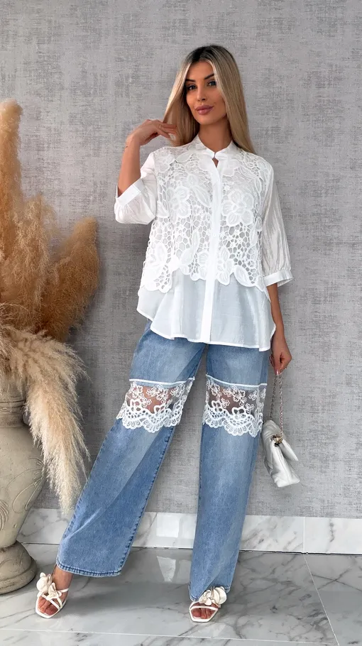 Elegancka biała bluzka koszulowa z gipiurą ONE SIZE - R677