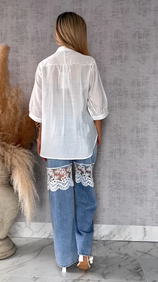 Elegancka biała bluzka koszulowa z gipiurą ONE SIZE - R677